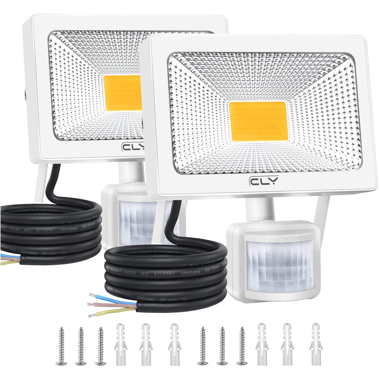 CLV 2 Pack LED PIR Floodlight, 30W Security Lights with Motion Sensor, Super Bright 2700 Lumen Waterproof IP66 Outdoor Lights for Garden, Backyard, Forecourt, Garage, Warm White 3000K【White Shell】