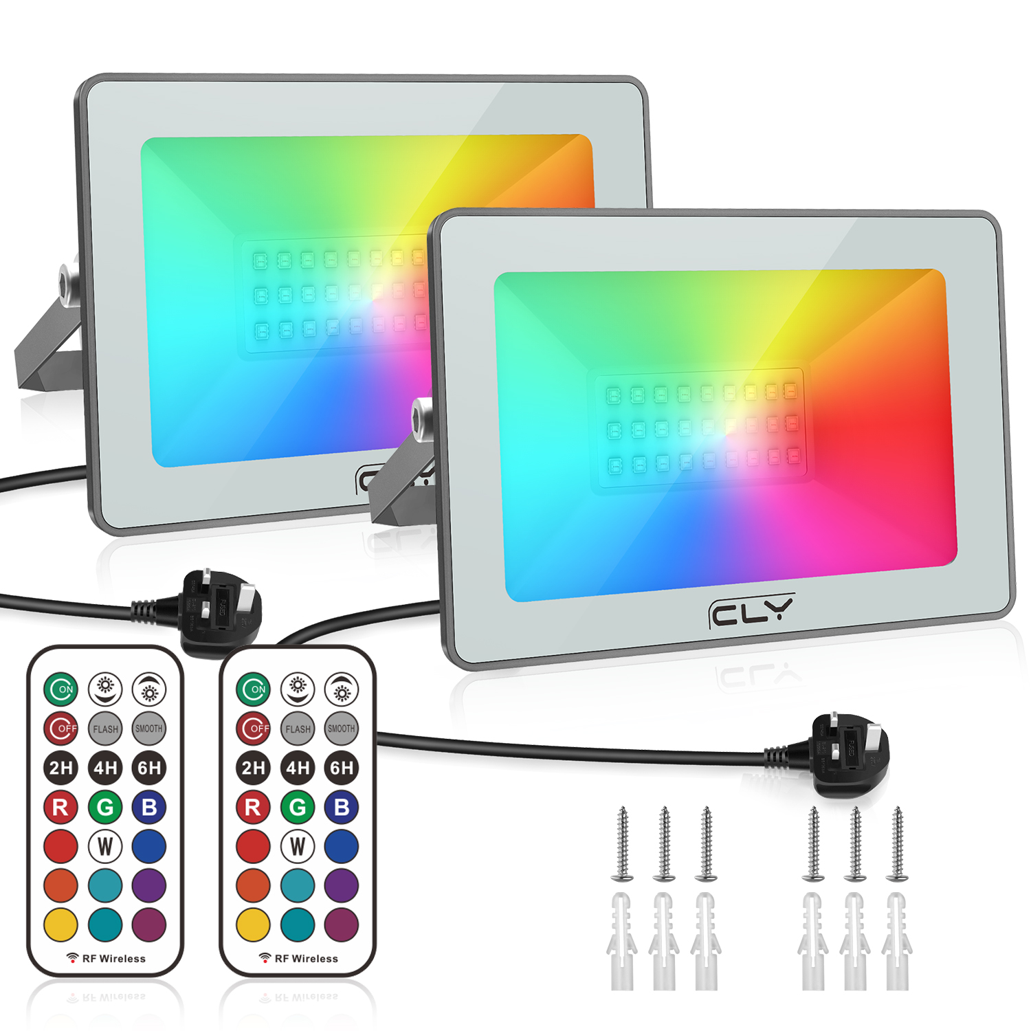 CLV 2 Pack 25W LED RGB Floodlight, Outdoor/Indoor Colour Changing Flood Lights with Remote Control, Memory Timing Function IP66 Waterproof Flood Light, Decoration for Stage Landscape Garden Party,Grey